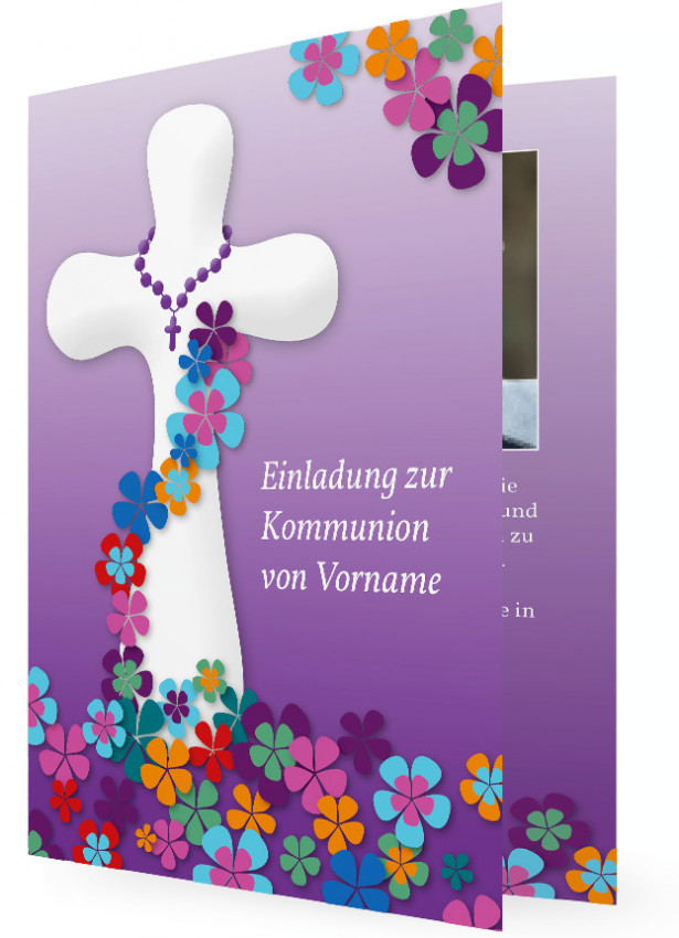 Einladung Einladungskarte Kommunion Blumen Kreuz 