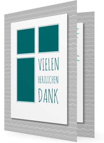 Dankeskarte Kommunion, graue Wellen, dunkel türkise Kästchen