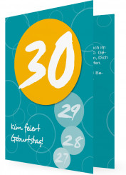 30. Geburtstag Einladungen, großer Orange/Gelber Punkt mit Alter, Türkiser Hintergrund