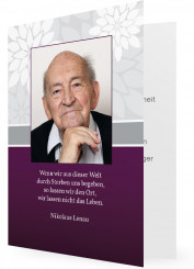 Dankeskarten Trauer, Hellgraue Blumen, dunkellila Karte