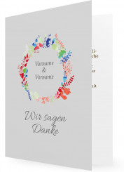 Dankeskarten zur Silbernen Hochzeit, Kranz aus Blumen auf silber