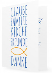 Danksagung Erstkommunion, große Schrift in blau, oranger Fisch