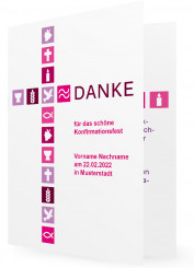 Danksagungen Konfirmation, Kreuz aus Quadraten mit christlichen Symbolen in lila/rosa