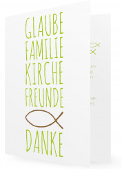 Danksagungen zur Konfirmation Vorlage, große Schrift in grün, brauner Fisch