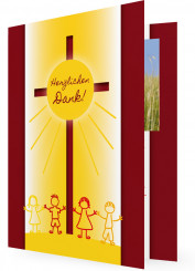 Danksagungskarte Kommunion, Sonne mit Kinder, rote Karte