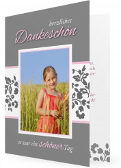 Danksagungskarten Kommunion, Blumenmuster grau, rosa Rahmen