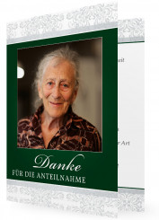 Danksagungskarten zur Trauer, graue florale Elemente, dunkelgrüne Karte