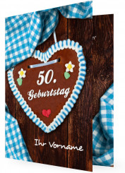 Einladung 50. Geburtstag, Holzwand mit Lebkuchenherz