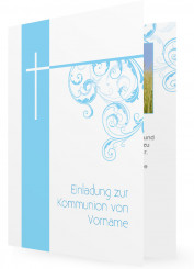 Einladung für Kommunion, Hellblau und Kreuz mit Pflanzenranken