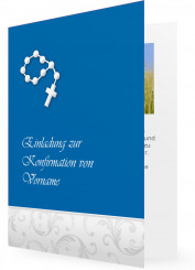 Einladung für Konfirmation Vorlage, Rosenkranz in Weiß auf Blauen Hintergrund