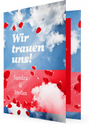 Einladung Hochzeit, Rote Herzluftballons vor Himmel