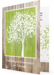 Einladung Kommunion, Weißer Baum auf Grün und Holzhintergrund