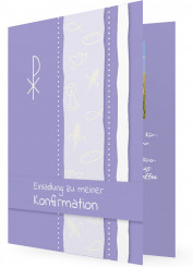 Einladung Konfirmation, lila Karte mit Symbolen in Streifen