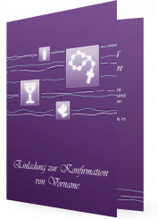 Einladung Konfirmation, Lila mit Quadrate, darin kirchliche Symbole