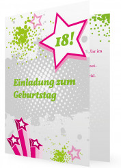 Einladung zum 18. Geburtstag, modern in Grau mit Grün und Sterne in Pink