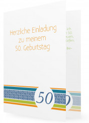 Einladung zum 50. Geburtstag, Blaue 50 mit Streifen in Blau, Grün, Orange
