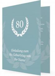 Einladung zum 80. Geburtstag, Muster Taubenblau, Blätterkranz um 80