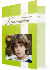 Einladung zur Erstkommunion, Grün mit Weiß und Kreuz mit Weinstock
