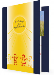 Einladung zur Jugendweihe gestalten, Sonne mit Kinder, blaue Karte