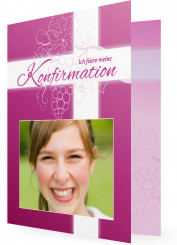 Einladung zur Konfirmation, Rosa Karte mit Weißen Kreuz und Traubenpflanze