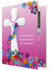 Einladung zur Konfirmation, Rosa, Vordergrund Kreuz in Weiß mit Blumen umrankt