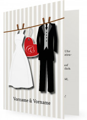 Einladungen Hochzeit, Grau/Weiß gestreift, Anzug und Kleid an Wäscheleine