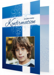 Einladungen Konfirmation, dunkles Blau mit Weiß und Weintraubenranken um Kreuz