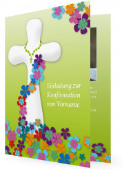 Einladungen Konfirmation, Weißes Kreuz umringt von Blüten auf Grünen Hintergrund