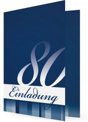 Einladungen zum 80. Geburtstag, Weiße Achtzig auf Blauer Karte mit Streifen