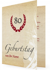 Einladungskarte für 80. Geburtstag, Roter Lorbeerkranz um 80