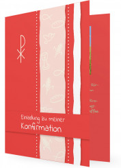 Einladungskarte für die Konfirmation, koralle Karte mit Symbolen in Streifen