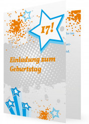 Einladungskarte Geburtstag Teens (Vorlagen), Blaue Sterne und Orange Punkt-Kleckse