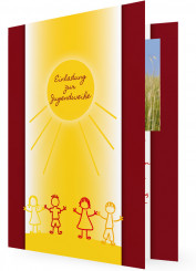 Einladungskarte Jugendweihe, Sonne mit Kinder, rote Karte