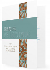 Einladungskarte zur Jugendweihe, grün-grauer Balken, braune Ornamente