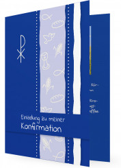 Einladungskarten für die Konfirmation, blaue Karte mit Symbolen in Streifen