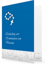Einladungskarten für Kommunion Vorlagen, Blau mit Rosenkranz in Weiß und Geränke