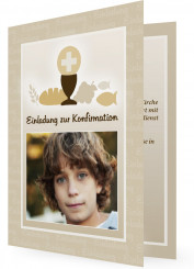 Einladungskarten Konfirmation, Braun mit verschiedenen christlichen Symbolen