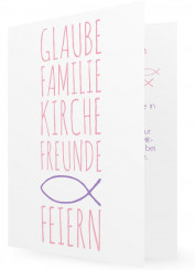 Einladungskarten Konfirmation Vorlage, große Schrift in rosa, lila Fisch