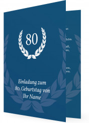 Einladungskarten zum 80. Geburtstag, Weißer Lorbeerkranz auf Blau