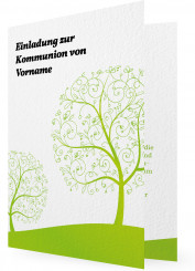 Einladungskarten zur Kommunion mit Textvorschlag, runde Bäume in Grün