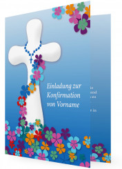 Einladungskarten zur Konfirmation, Blau mit Blumen um Weißes Kreuz