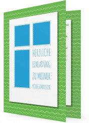 Einladungskarten zur Konfirmation, grüne Wellen, blaue Kästchen