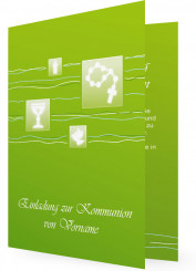 Erstkommunion Einladungen, Grün mit Symbolen in Quadrate