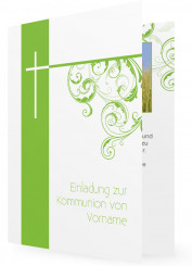 Erstkommunion Einladungen Vorlage, Grün und Kreuz mit Pflanzenranken