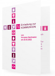Erstkommunion Einladungskarte, Kreuz aus Quadraten mit christlichen Symbolen in lila/pink