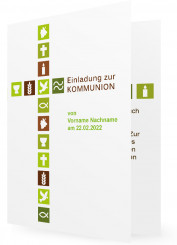 Erstkommunion Einladungskarte Vorlage, Kreuz aus Quadraten mit christlichen Symbolen in grün/braun