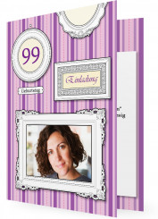Geburtstag Einladungskarten, Streifen längs in Lila und klassischer Bilderrahmen