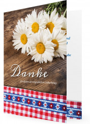Geburtstagsdanksagung Vorlagen, Margeriten auf Holztisch