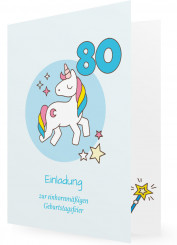 Geburtstagseinladungen zum 80., Einhorn blau