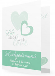 Hochzeit Menükarten Vorlagen drucken, Herzen hellgrün